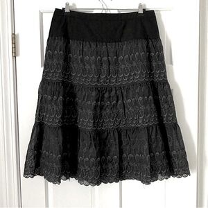 H&M Black Tiered Midi Skirt Embroidered Lace Eyelet Witchy Size 10